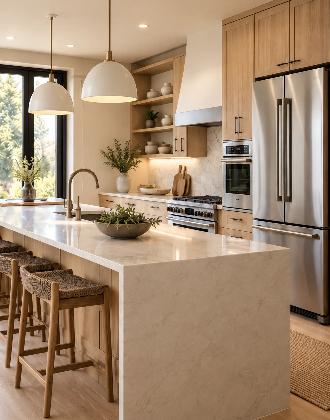 Residential kitchen with oak cabinetry, a stone island, and stainless appliances