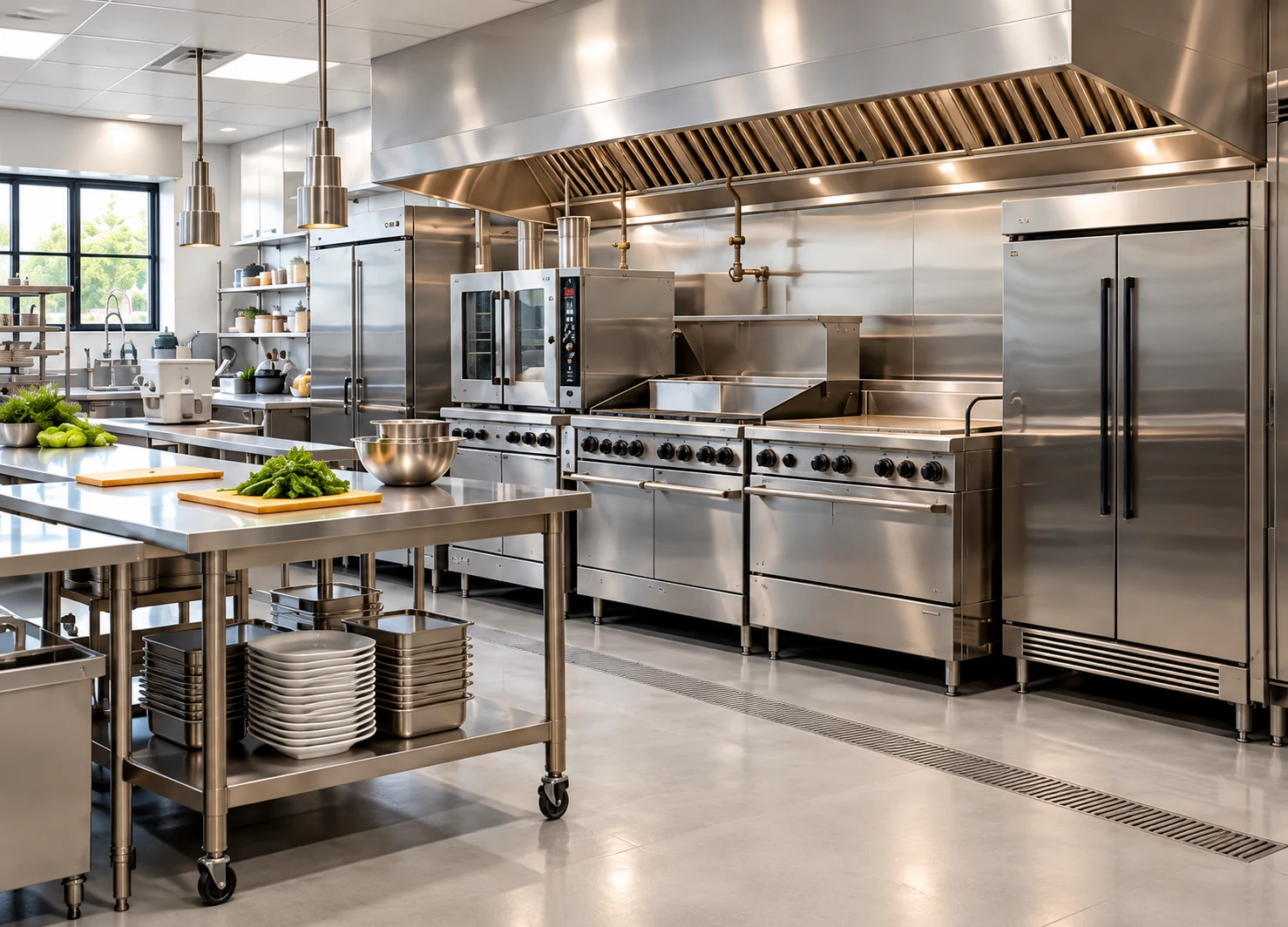 Commercial kitchen cooking line, stainless preparation surfaces, and refrigeration