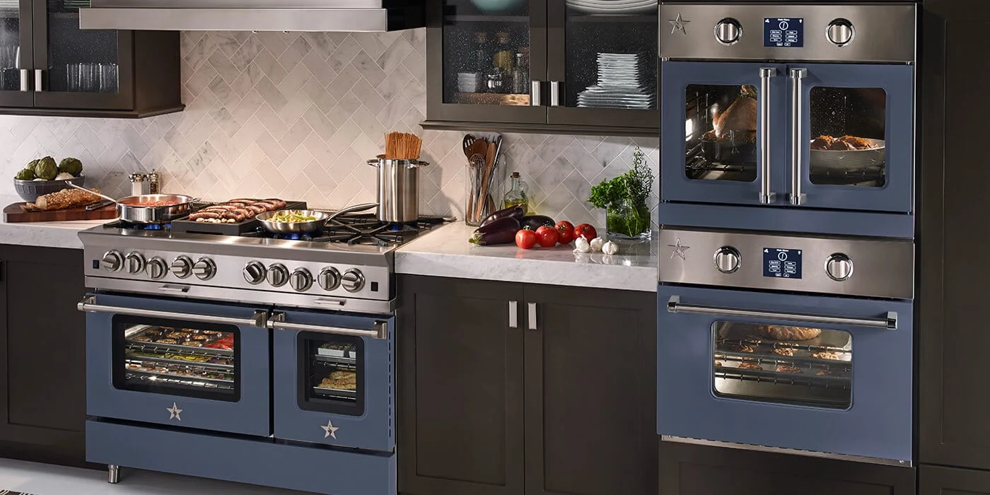 BlueStar professional-style range and wall ovens in a residential kitchen