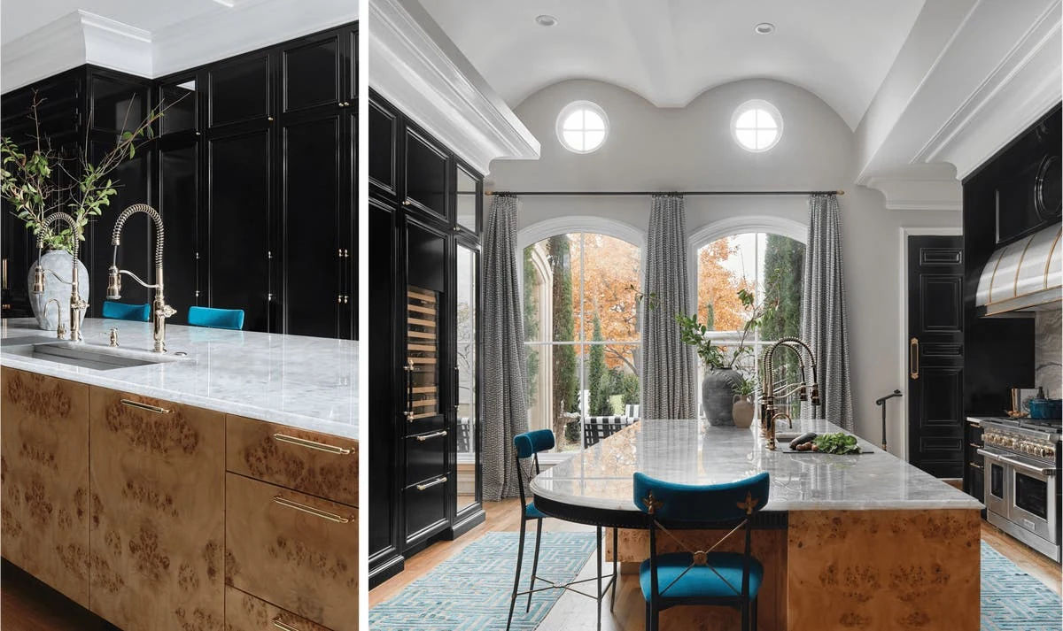 Kitchen Society Design kitchen featuring Sub-Zero and Wolf appliances, dark cabinetry and a stone island